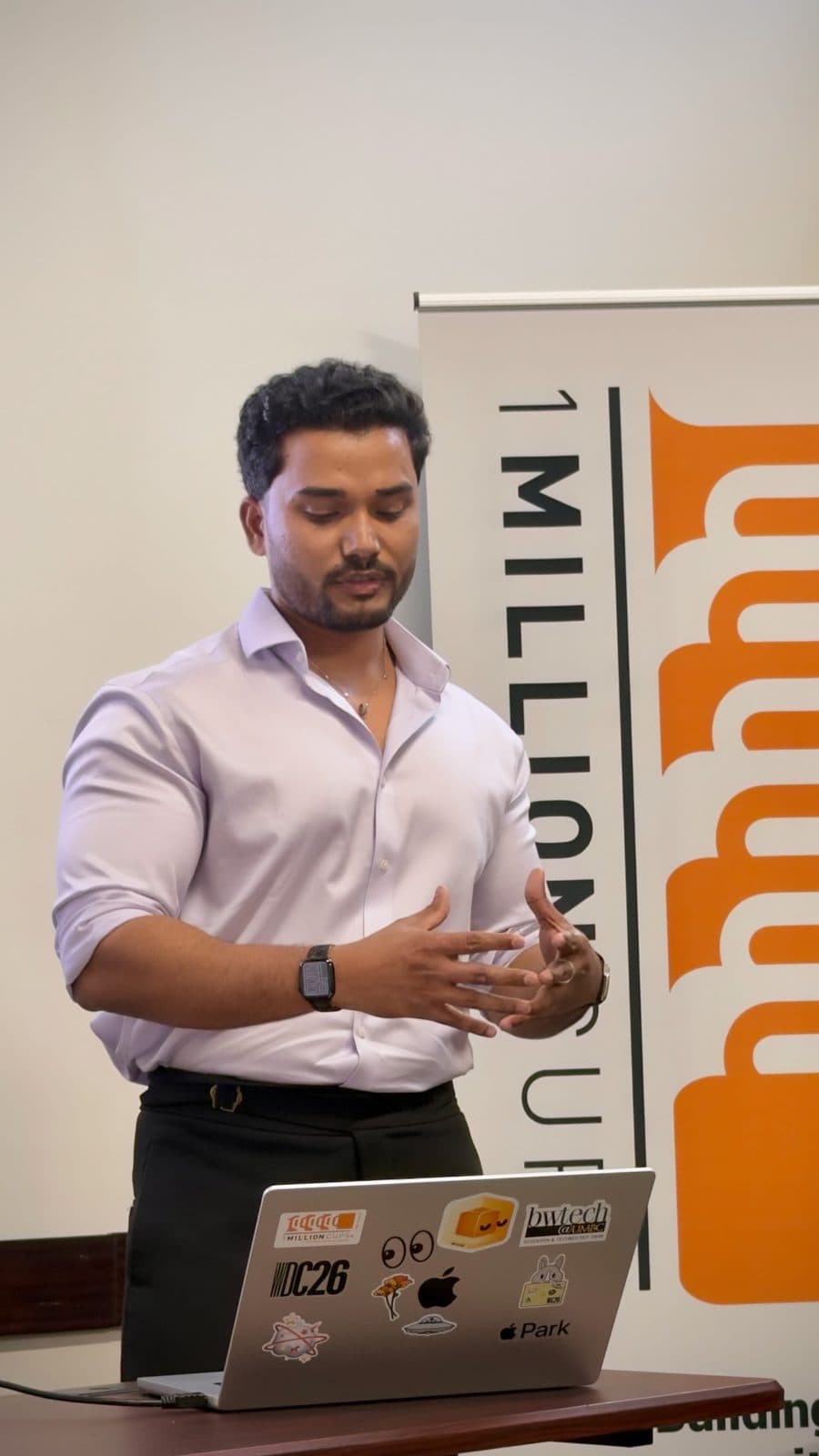 Manikanta explaining ZEALO to the 1 Million Cups audience