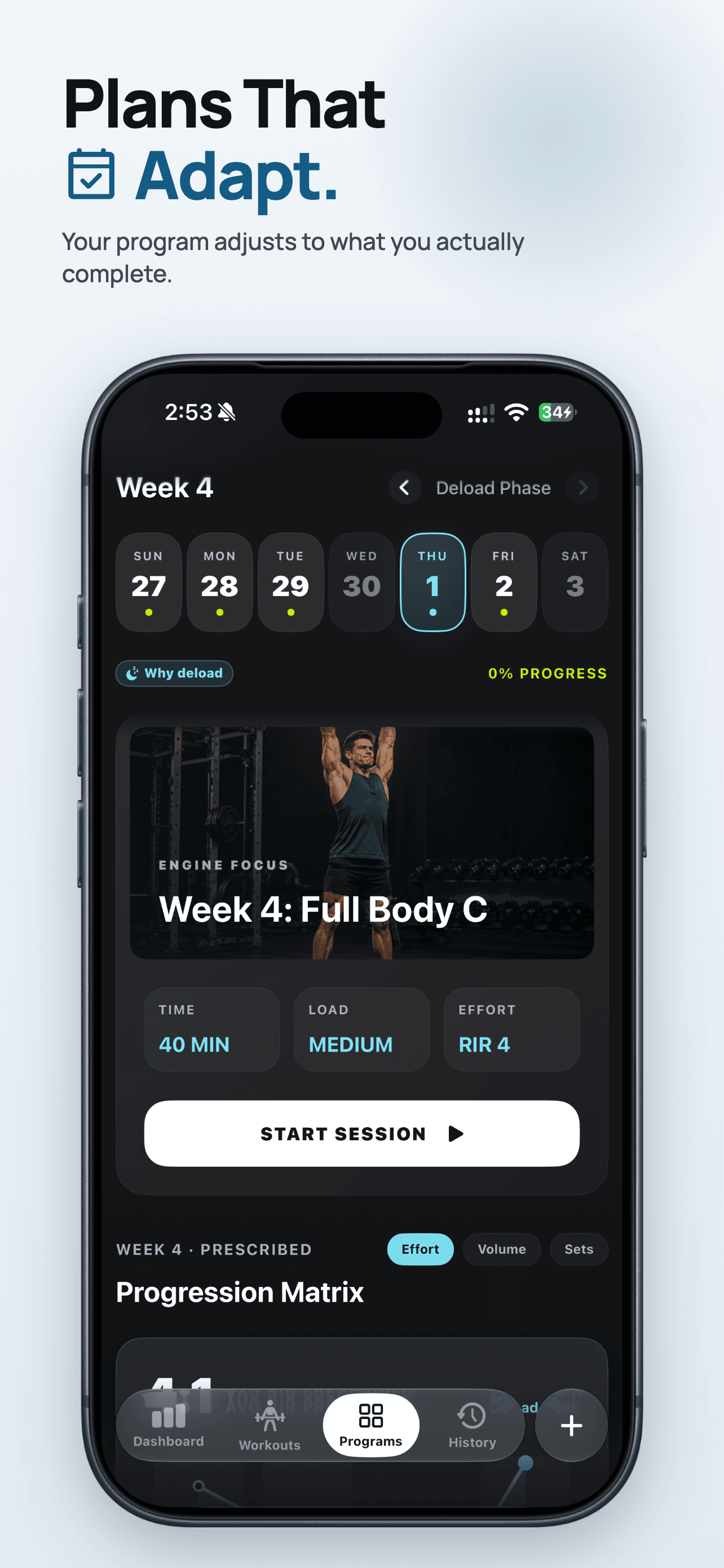 ZEALO adaptive training plan screen