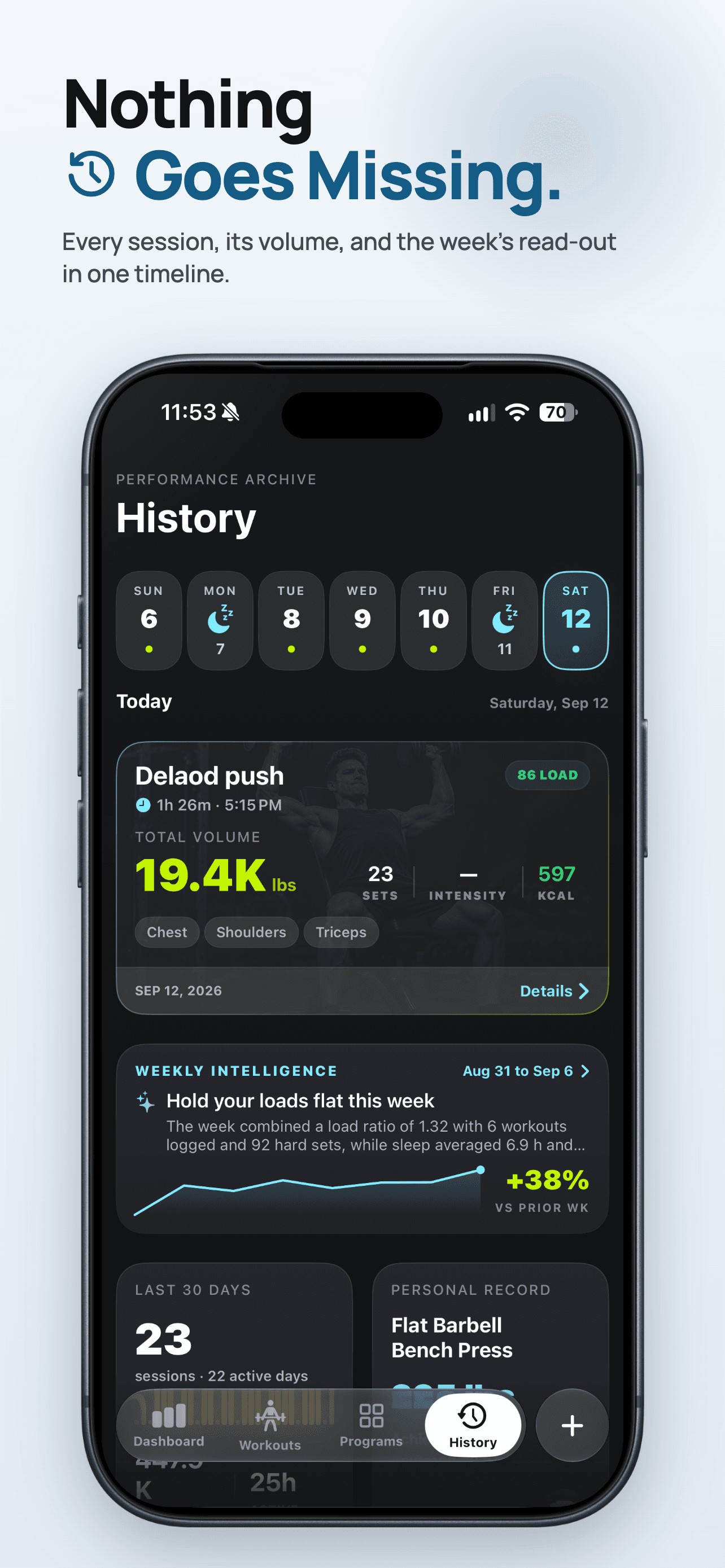 ZEALO workout history screen