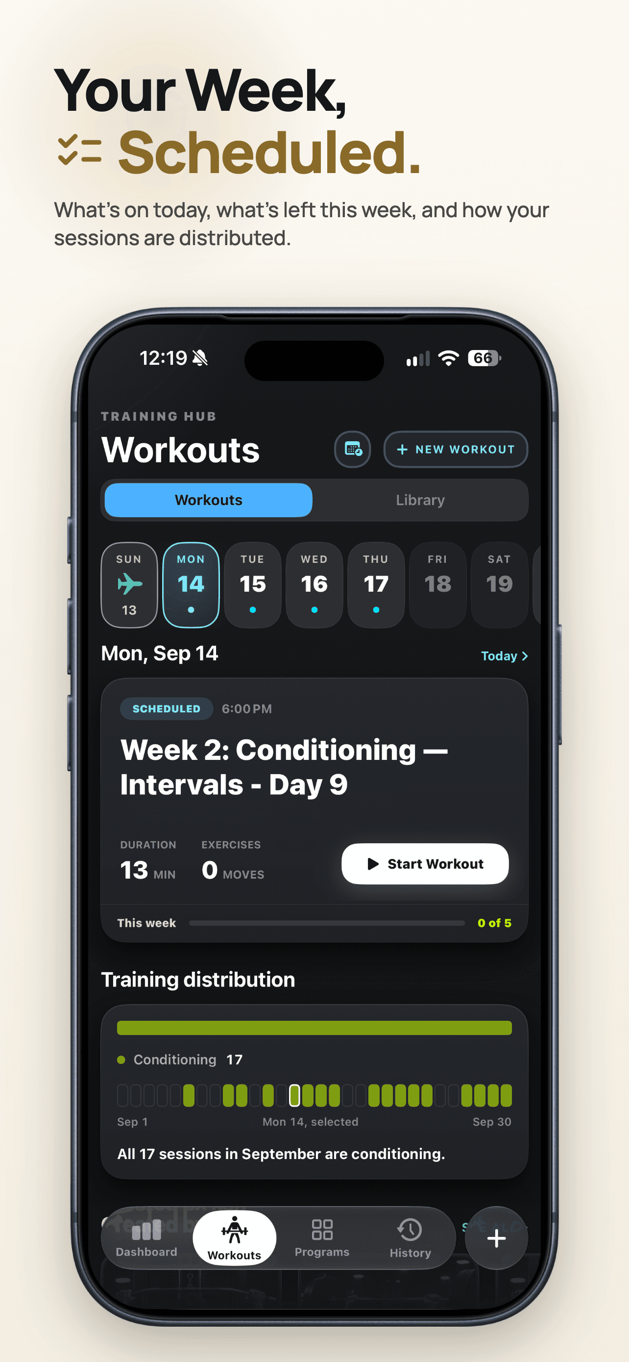 ZEALO workouts screen