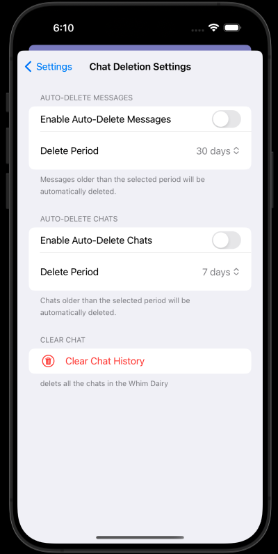 WhimAI auto-delete and clear chat